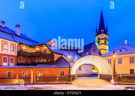 The bridge of Lies and Evangelical Cathedral in Sibiu. Transylvania, Romania Stock Photo