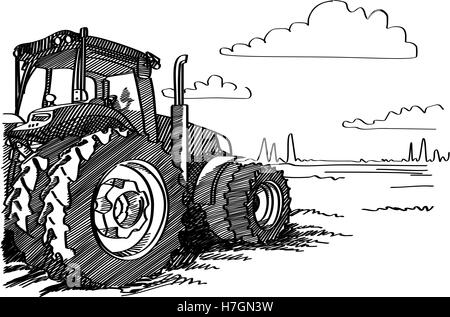 tractor on the field hand drawing sketch engraving illustration style ...