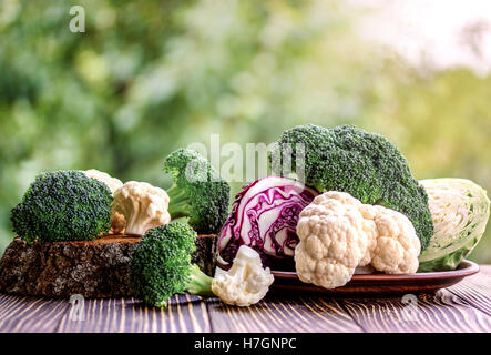 Still life with assortment cabbages on wooden background Stock Photo