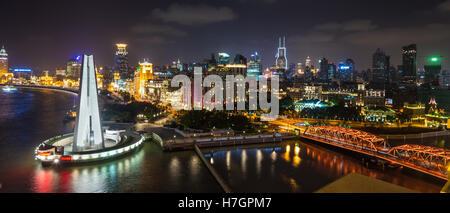 Aerial panorama at night of the Bund with Waibaidu bridge and Monument to the People's Heroes, Shanghai, China Stock Photo