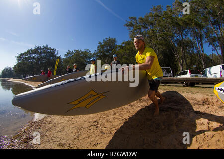 Sydney, Australia. 4th Nov, 2016. Professional Stand Up Paddle Board (SUP) racer Casper Steinfath from Denmark practises on Friday in preparation for the Naish N1SCO one design Stand Up Paddle Board (SUP) World Championships at Sydney's Lake Narrabeen, Australia, Nov. 4, 2016. Up to 100 of the world's best stand up paddle boarders will participate in the competition. Credit:  Matt Burgess/Xinhua/Alamy Live News Stock Photo