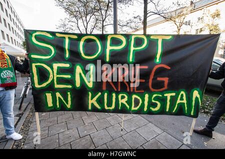 Munich, Germany. 4th Nov, 2016. Kurds demonstrate in Munich in solidarity with the arrested HDP politicians in Turkey.Overnight on November 3-4, Turkey announced it arrested two co-leaders of the pro-Kurdish People's Democratic Party (HDP). Furthermore, 11 more MPs were detained and homes in Ankara and eastern Kurdish regions were also raided. The reasons for the arrests have been given as 'failure to appear for a summons to testify as part of a counter-terrorism investigation''. Credit:  ZUMA Press, Inc./Alamy Live News Stock Photo