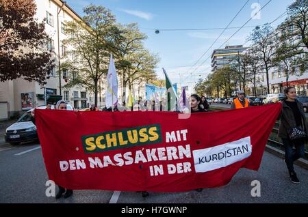 Munich, Germany. 4th Nov, 2016. Kurds demonstrate in Munich in solidarity with the arrested HDP politicians in Turkey.Overnight on November 3-4, Turkey announced it arrested two co-leaders of the pro-Kurdish People's Democratic Party (HDP). Furthermore, 11 more MPs were detained and homes in Ankara and eastern Kurdish regions were also raided. The reasons for the arrests have been given as 'failure to appear for a summons to testify as part of a counter-terrorism investigation''. Credit:  ZUMA Press, Inc./Alamy Live News Stock Photo