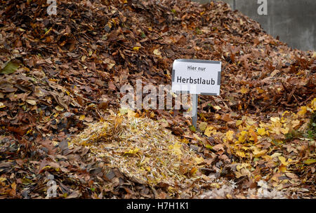 Neumunster, Germany. 4th Nov, 2016. A sign reading 'Here only autumn leaves' stands on the premises of the recycling yard of the municipial utilities in Neumunster, Germany, 4 November 2016. Private hosueholds can dump their collected autumn leaves there for free until the end of November. PHOTO: CARSTEN REHDER/dpa/Alamy Live News Stock Photo