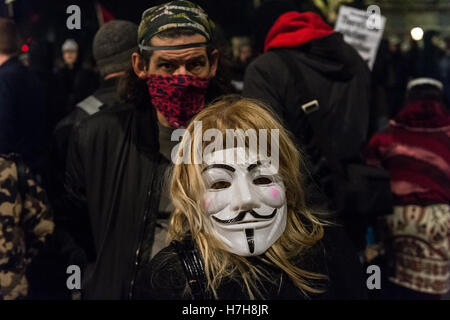 London, UK. 5th November 2016. Thousands of demonstrators gather in central London to take part in the annual 'Million Mask March' organised since 2011 by the Anonymous UK collective. The event is a part of a global anti-establishment and anti-capitalist protest against issues such as austerity, infringement of human rights, surveillance, politics and economics. The Guy Fawkes mask, often worn by the activists, is globally recognised as a symbol of the Anonymous movement. Wiktor Szymanowicz/Alamy Live News Stock Photo