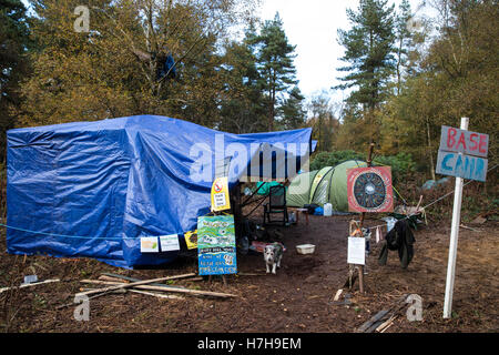 Leith Hill, UK. 5th November, 2016. The Leith Hill Protection Camp, near Holmwood in Surrey. Environmental activists occupying the site are protesting against plans by Europa Oil and Gas to drill and test for oil in Bury Hill Wood. Credit:  Mark Kerrison/Alamy Live News Stock Photo