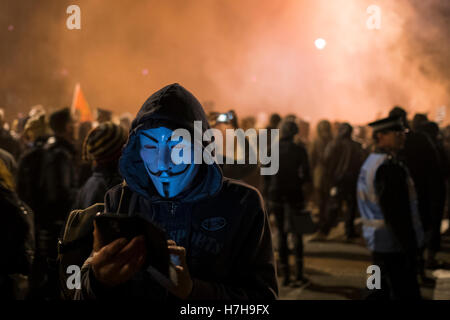 London, UK. 05th Nov, 2016. Guy Fawkes celebration. The Million Mask March took part in London and  protestors covered their faces with mask and marched to Trafalgar Square to demonstrate against austerity, mass surveillance and human rights. Credit:  Brian Lloyd Duckett  /Awakening/ Alamy Live News Stock Photo
