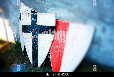 set of middle age style weapons, two knight shields. Stock Photo