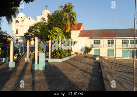 The colonial square and church at Flores on Guatemala Stock Photo