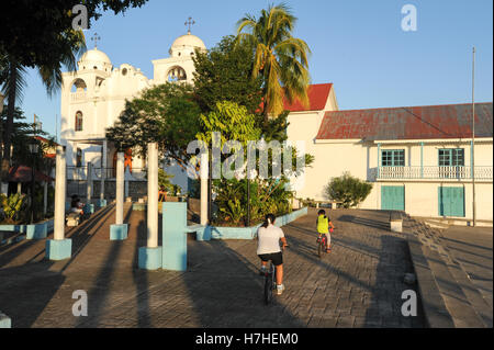 The colonial square and church at Flores on Guatemala Stock Photo