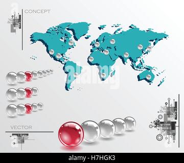 Map with balls as pins. Infographic concept illustration. Geolocation interface map Stock Vector
