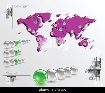 Map with balls as pins. Infographic concept illustration. Geolocation interface map Stock Vector
