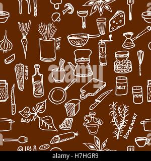 Seamless pattern on a kitchen theme. A variety of products, kitchenware, appliances and condiments. Cooking, Healthy Eating. EPS Stock Vector