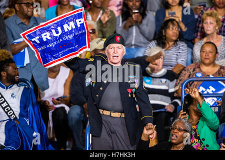 A Donald Trump Supporter Interrupts President Barack Obama at a rally for Clinton. President Barack Obama Campaigns for Hillary Clinton at Felton J. Capel Arena at Fayetteville State Univ in Fayetteville, NC