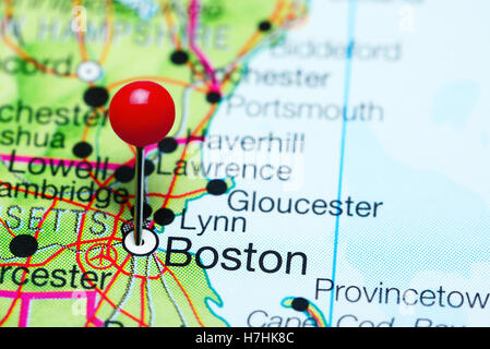 Boston pinned on a map of Massachusetts, USA Stock Photo