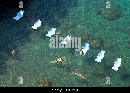 Water beds in a lido on the Gulf of Naples in Sorrento, Italy, Europe Stock Photo