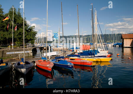 Boats in the harbour of Lindau, Lake Constance, Bavaria Stock Photo