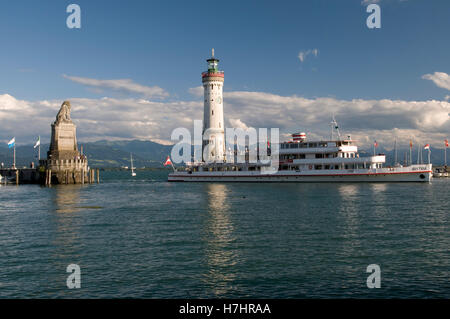 Excursion boat in the harbour entrance of Lindau, Lake Constance, Bavaria Stock Photo