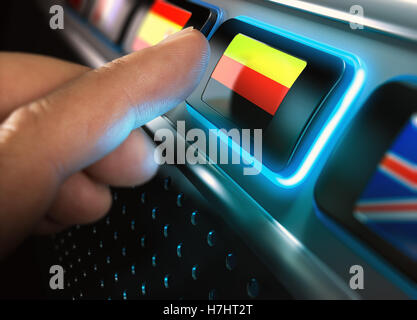 Finger pressing button with german flag on an multilingual interface. Concept of on-line languages courses and technology.  Comp Stock Photo