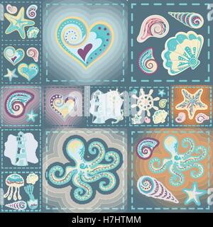 Navy vector seamless pattern. Waves, crab, wheel, anchor, star, heart. Stock Vector