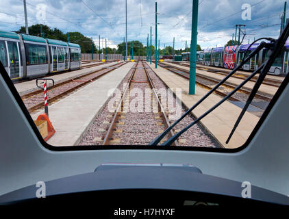 Driver's view from Alsthom Citadis 302 tram run by Nottingham Express Transit NET in Nottingham city centre England UK Stock Photo