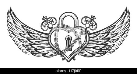 Heart Shaped Lock in chains with Wings and vintage keys. Vector illustration drawn in romantic tattoo style Stock Vector
