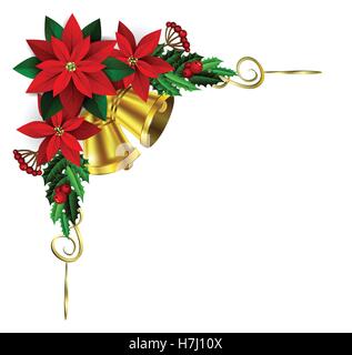 Christmas corner decoration with evergreen treess golden swirls and poinsettia with two golden bells isolated Stock Vector