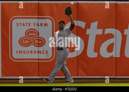 September 13, 2011; Oakland, CA, USA;  Los Angeles Angels left fielder Vernon Wells (10) catches a fly ball against the Oakland Athletics during the second inning at O.co Coliseum. Stock Photo