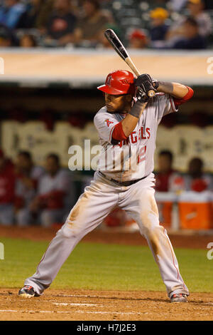 September 13, 2011; Oakland, CA, USA;  Los Angeles Angels shortstop Erick Aybar (2) at bat against the Oakland Athletics during the fourth inning at O.co Coliseum.  Los Angeles defeated Oakland 6-3. Stock Photo