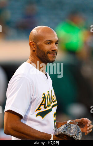 September 20, 2011; Oakland, CA, USA;  Movie actor Stephen Bishop stands on the field before the game between the Oakland Athletics and the Texas Rangers at O.co Coliseum.  Texas defeated Oakland 7-2. Stock Photo