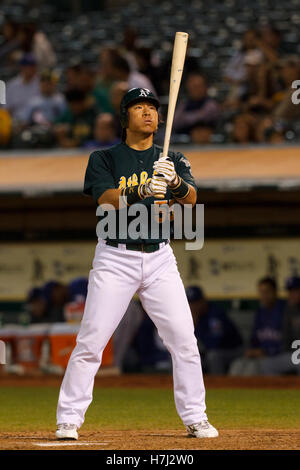 September 20, 2011; Oakland, CA, USA;  Oakland Athletics designated hitter Hideki Matsui (55) at bat against the Texas Rangers during the fourth inning at O.co Coliseum.  Texas defeated Oakland 7-2. Stock Photo