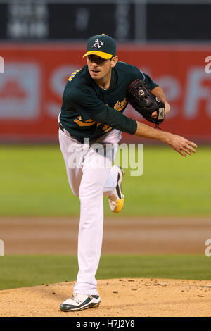 September 21, 2011; Oakland, CA, USA;  Oakland Athletics starting pitcher Brandon McCarthy (32) pitches against the Texas Rangers during the first inning at O.co Coliseum. Texas defeated Oakland 3-2. Stock Photo
