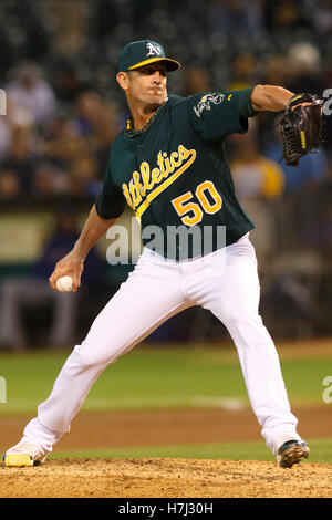 September 21, 2011; Oakland, CA, USA;  Oakland Athletics relief pitcher Grant Balfour (50) pitches against the Texas Rangers during the eighth inning at O.co Coliseum. Texas defeated Oakland 3-2. Stock Photo