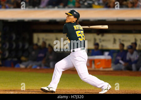 September 21, 2011; Oakland, CA, USA;  Oakland Athletics designated hitter Hideki Matsui (55) at bat against the Texas Rangers during the sixth inning at O.co Coliseum. Texas defeated Oakland 3-2. Stock Photo