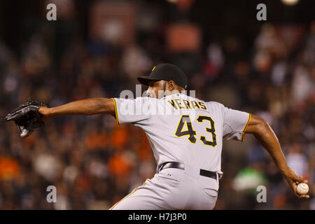 August 8, 2011; San Francisco, CA, USA;  Pittsburgh Pirates relief pitcher Jose Veras (43) pitches against the San Francisco Giants during the ninth inning at AT&T Park. Pittsburgh defeated San Francisco 5-0. Stock Photo