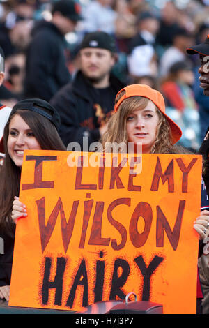 August 9, 2011; San Francisco, CA, USA;  A San Francisco Giants fan holds up a sign in support of relief pitcher Brian Wilson (not pictured) before the game against the Pittsburgh Pirates at AT&T Park. San Francisco defeated PIttsburgh 6-0. Stock Photo