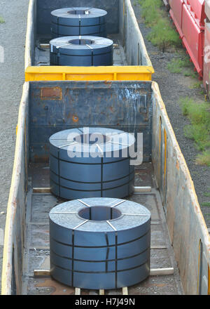 Cargo train platform with role steel seen from above Stock Photo