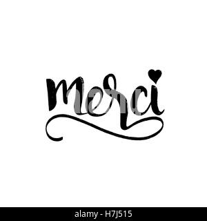 Merci handwritten lettering. Thank you phrase in French language. Modern vector hand drawn calligraphy Stock Vector