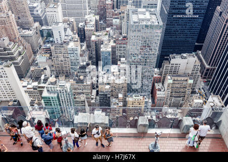 New York City,NY NYC Manhattan,Midtown,30 Rockefeller Center,GE building,Top of the Rock,observation deck,skyline,skyscrapers,glass wall,NY160719146 Stock Photo