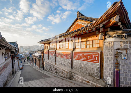Traditional Korean style architecture at Bukchon Hanok Village in Seoul, South Korea. Stock Photo