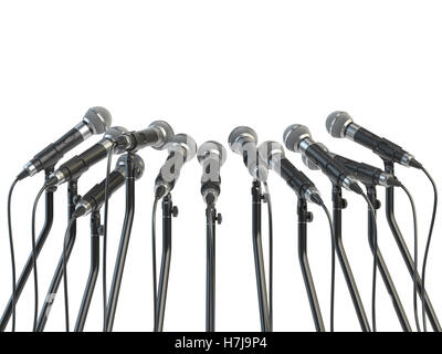 Microphones prepared for press conference or interview  isolated on white. 3d illustration Stock Photo