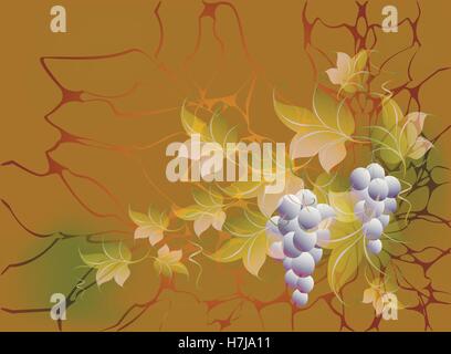 Decorative bunches of grapes and leaves on autumn background in yellow and orange shades. EPS10 vector illustration Stock Vector