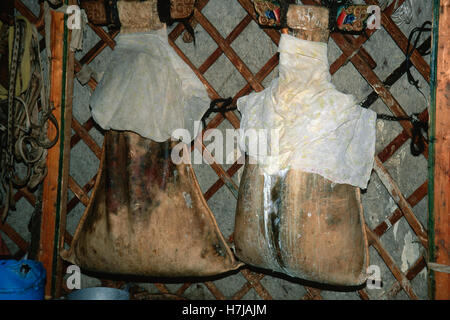 Skins filled with fermented milk, Gobi desert, Mongolia Stock Photo