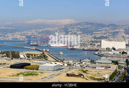 View over waterfront & port with Mount Lebanon beyond & grain storage facility prior to destruction by 4 August 2020 port blast, Beirut, Lebanon. Stock Photo