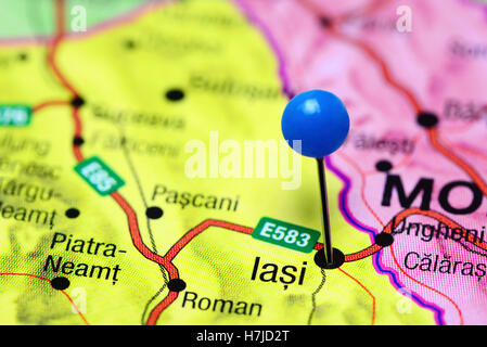 Iasi pinned on a map of Romania Stock Photo