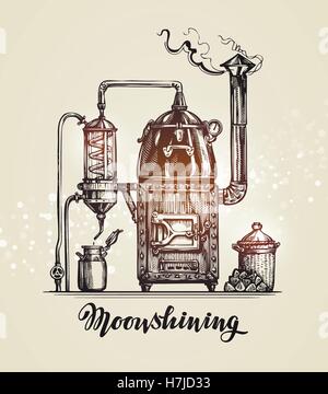 Moonshining. Vintage hooch sketch. Vector illustration Stock Vector