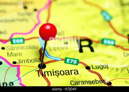 Timisoara pinned on a map of Romania Stock Photo