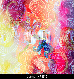 Watercolor bright colorful abstract background with wavy elements Stock Photo
