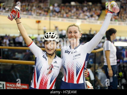 Great Britain's (from left) Manon Lloyd and Katie Archibald celebrate winning the Women's Madison during day two of the UCI Track Cycling World Cup at the Sir Chris Hoy Velodrome, Glasgow. Stock Photo