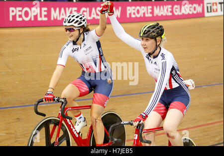 Great Britain's (from left) Manon Lloyd and Katie Archibald celebrate winning the Women's Madison during day two of the UCI Track Cycling World Cup at the Sir Chris Hoy Velodrome, Glasgow. Stock Photo